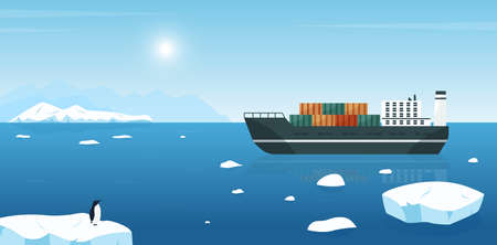 Cargo ship with containers in Northern ocean or sea waters vector illustration. Cartoon freight marine transport floating in Antarctic or Arctic landscape. Commercial transportation, delivery conceptのイラスト素材