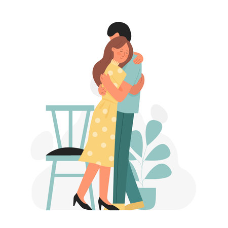 Romantic lovely young couple hugging moment. Warm family embrace showing affection feeling flat vector illustrationのイラスト素材
