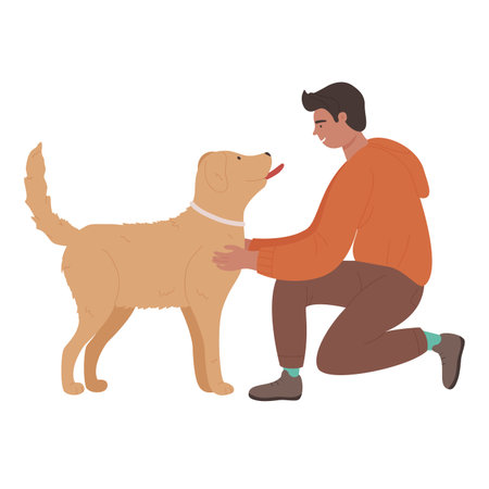 Smiling happy boy with his licking puppy dog. Lovely and affectionate relationship with pet cartoon vector illustrationのイラスト素材