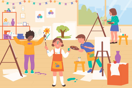 Children painting on art class or workshop with fun vector illustration. Cartoon girls and boys artists drawing with easel or canvas stand, paint and brush on lesson in kindergarten. Education conceptのイラスト素材