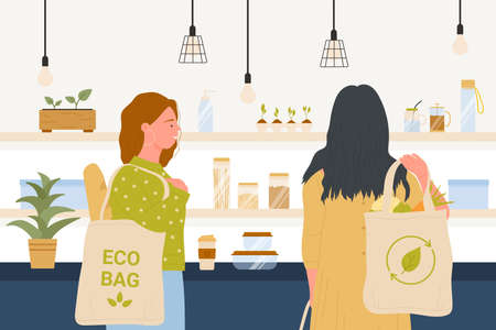 Girls with eco bags shopping on grocery shop vector illustration. Cartoon conscious female characters using reusable bags from natural cotton cloth, glass bottles. Eco consumption, ecology conceptのイラスト素材