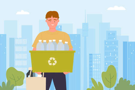 Volunteer holding container with recycle sign and plastic bottles to reuse vector illustration. Cartoon man sorting garbage to clean environment. Zero waste, sustainable eco friendly lifestyle conceptのイラスト素材