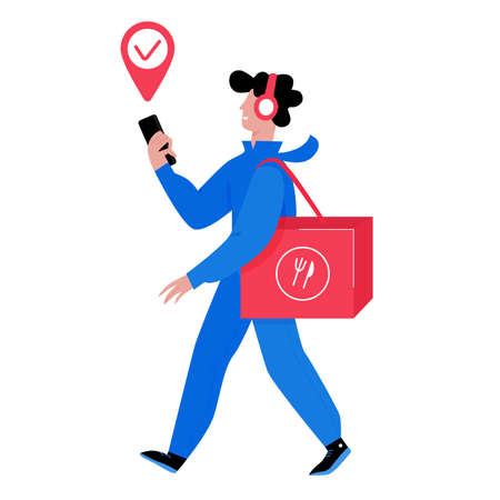 Express food delivery courier taking client order. Online customer goods ordering application flat vector illustrationのイラスト素材