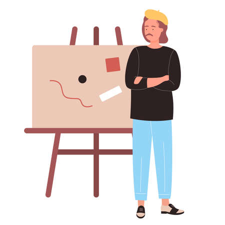 Professional pensive painter near his working board. Creative and vivid imagination for drawing portraits flat vector illustrationのイラスト素材