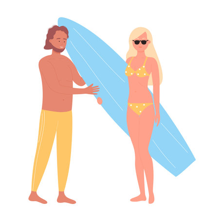 Couple on beach summer holiday with surfboard. Surfing sport activity of riding water waves flat vector illustrationのイラスト素材