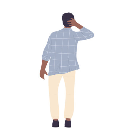 Dark skin back man with hand on his head. Standing male in casual daily clothing cartoon vector illustrationのイラスト素材
