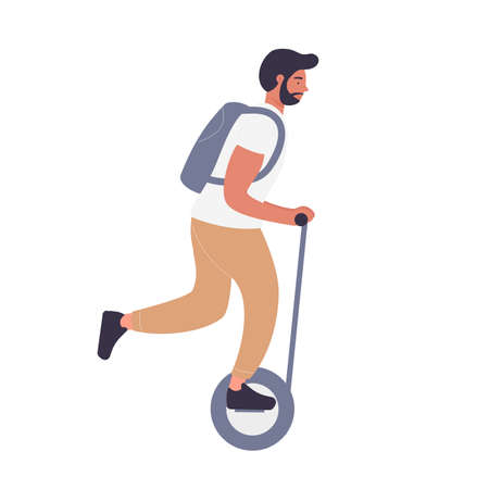 Boy with backpack riding on self balancing electric scooter. Personal eco one wheel hoverboard cartoon vector illustrationのイラスト素材