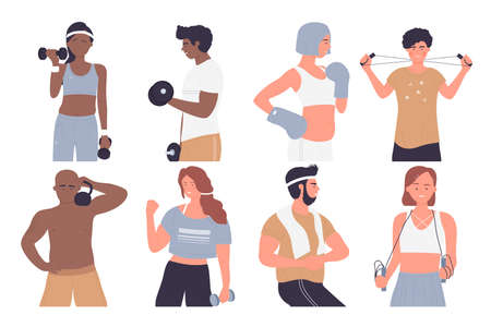 Healthy sport exercises of athlete people isolated set vector illustration. Cartoon adult woman man characters training with dumbbells kettlebell for body health, happy kid holding tennis racketのイラスト素材