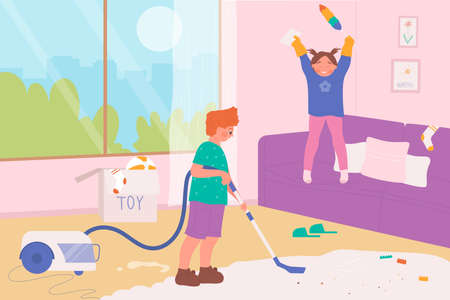 Children help mom with housekeeping vector illustration. Cartoon cute little kids sweep dust and clean floor and carpet in room with vacuum cleaner, girl and boy doing housework. Cleanup work conceptのイラスト素材