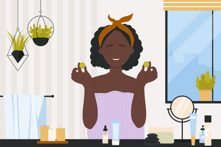 Facial daily routine for skin vector illustration. Cartoon girl with towel doing spa cosmetics skincare procedure with natural products, happy female character holding cucumber slices in handsのイラスト素材