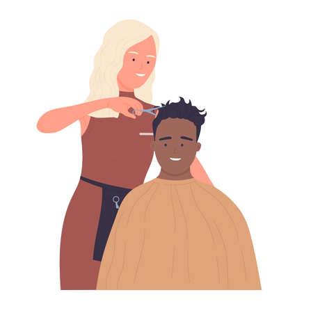 Hairdresser cutting male hair at barbershop. Man head grooming and styling beauty room service flat vector illustrationのイラスト素材
