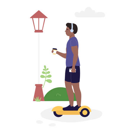 Riding boy on electric self balancing hoverboard. Latest generation personal transportation gadget flat vector illustrationのイラスト素材