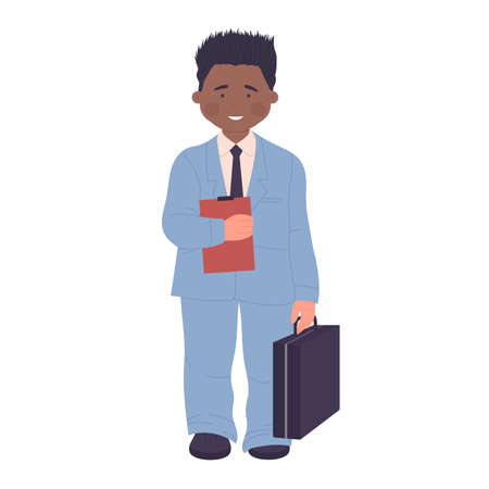 Dark skin little boy dreaming to be businessman with briefcase. Professional company manager in suit dressedのイラスト素材