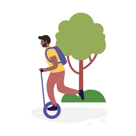 Boy riding self balancing scooter with handle armrests. Innovative smart personal gadget transportation flat vector illustrationのイラスト素材