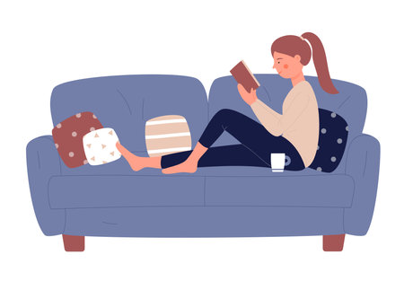 Girl relaxing on sofa with reading engaging book. Spending home leisure personal recreational time flat vector illustrationのイラスト素材