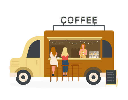 Street coffee truck with clients at bar counter. Mobile beverage shop on wheels cartoon vector illustrationのイラスト素材