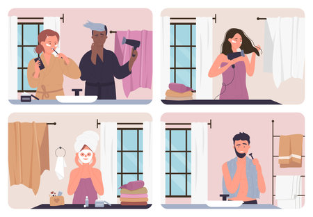 Daily hygiene of people in bathroom set vector illustration. Cartoon young man, woman or couple of characters in everyday personal care, skincare, moisturizing and cleansing procedure backgroundのイラスト素材
