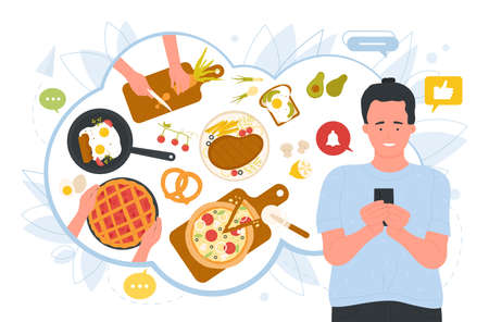 Online cooking master class from chef vector illustration. Cartoon man looking on phone screen in search of video culinary recipe how to cook pizza, steak or baking pie at home. Food blog conceptのイラスト素材