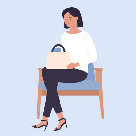 Waiting cute young lady in cozy armchair. Beautiful girl sitting in comfy chair cartoon vector illustrationのイラスト素材