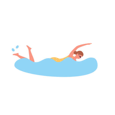 Sea swimming girl wearing safety water goggles. Recreating and refreshing summer sea activity cartoon vector illustrationのイラスト素材