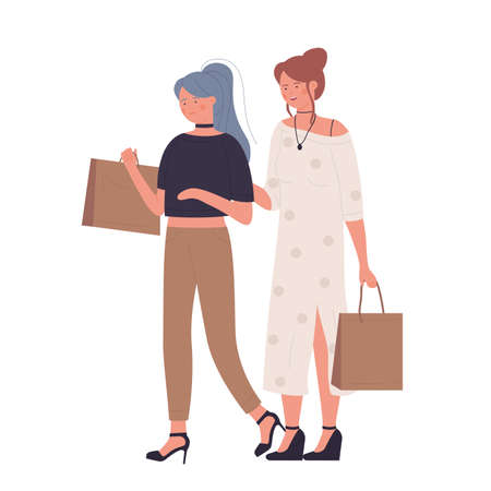 Talking female friends while doing shopping. Women in fashion store with bags chatting cartoon vector illustrationのイラスト素材