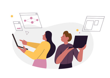 Working team with laptops analyzing growing strategy. Professional consultants synchronizing statistics cartoon vector illustrationのイラスト素材
