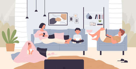 Modern family with gadgets vector illustration. Cartoon mother and father, son and daughter sitting together in living room interior, using laptop, smartphone and tablet. Internet addiction conceptのイラスト素材