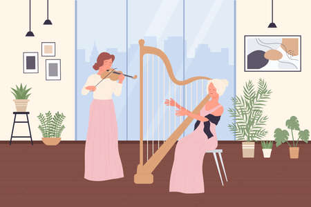 Art class with musicians. Girls artists in elegant dress holding violin and harp to play classical music, female violinist and harpist flat vector illustration. Entertainment, education conceptのイラスト素材
