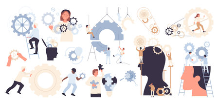 Project development process and success business strategy. Team of tiny people work with gears in...