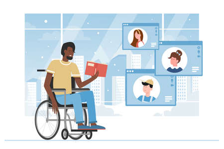 Teacher with disability reading book for students online vector illustration. Cartoon kids training with man sitting in wheelchair on interactive virtual video lecture. Education, knowledge conceptのイラスト素材