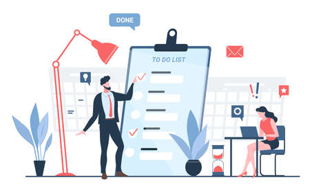 To do check list with important tasks for business people. Tiny businesswoman and businessman characters prioritize, work with agenda plan flat vector illustration. Project management, control conceptのイラスト素材