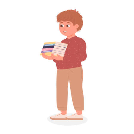 Cute smiling boy holding a stack of books. School educational and learning materials cartoon vector illustrationのイラスト素材