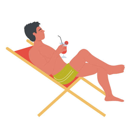 Relaxed boy sitting in beach chair with cocktail. Summer holiday and sea time enjoyment cartoon vector illustrationのイラスト素材