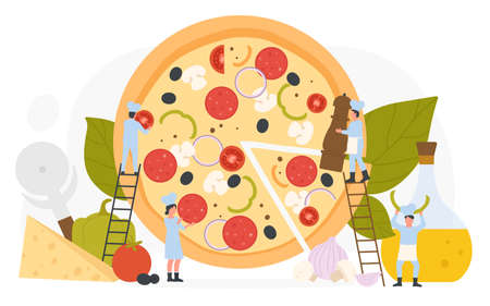 Pizza menu in Italian junk food restaurant or cafe. Team of tiny chefs holding delicious pepperoni sausage and pepper, funny people serving huge pizza pieces for eating flat vector illustrationのイラスト素材