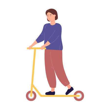 Young cute girl riding on eco electric scooter. Personal urban way of transportation cartoon vector illustrationのイラスト素材