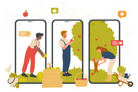 Farmers pick red apple harvest in farm garden on screens of mobile phones vector illustration....