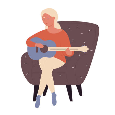 Blonde girl sitting in cozy armchair and playing guitar. Teenager guitarist spending leisure time and practising cartoon vector illustrationのイラスト素材