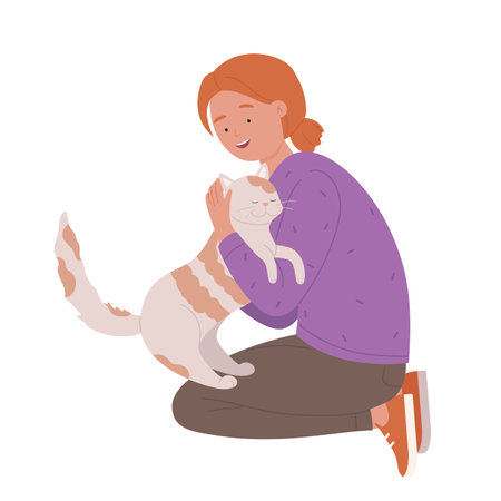 Happy smiling girl lovely hugging her lovely cat. Playing and admiring home family pet cartoon vector illustrationのイラスト素材