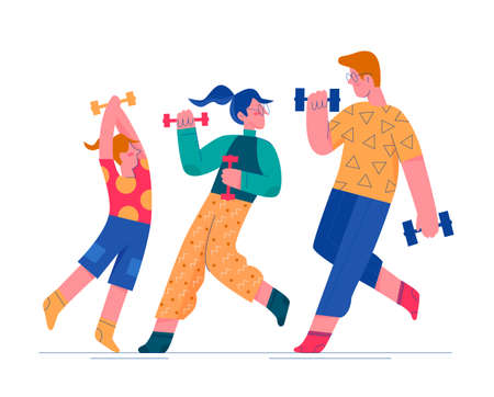 Happy active family training with dumbbells. Healthy daily exercise activity habit cartoon vector illustrationのイラスト素材