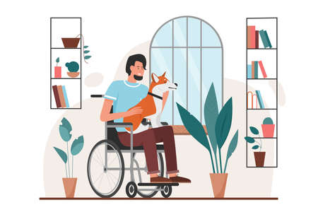 Happy disabled man with funny dog friend. Young person sitting in wheelchair near window in home interior, smiling guy holding animal in hand flat vector illustration. Disability, pet adoption conceptのイラスト素材
