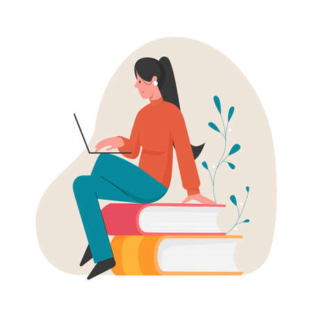 Sitting girl on books stack reading on laptop. Online and digital studying platform cartoon vector illustrationのイラスト素材