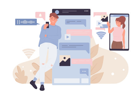 People using mobile phones for voice messages vector illustration. Cartoon young man and woman record and send audio messages for communication in chat of messenger. Voicemail, social media conceptのイラスト素材