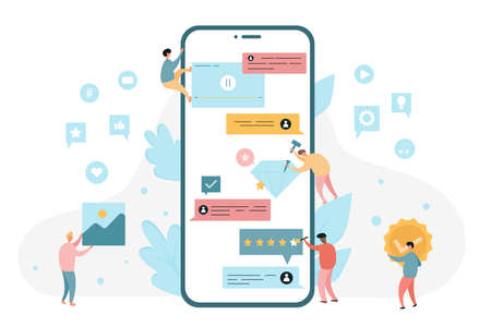 Mobile application usage and customer feedback review. Software app user experience flat vector illustrationのイラスト素材