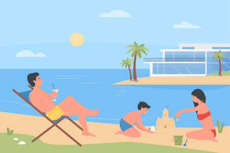 Summer family vacation in resort of tropical sea beach. Happy dad, mom and baby characters playing seaside, building sand castle and sunbathing flat vector illustration. Travel, recreation conceptのイラスト素材
