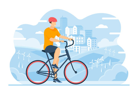 Eco road travel of man on bike. Healthy ride of young cyclist in safety helmet in modern city landscape with houses and windmills flat vector illustration. Sport, green lifestyle, transport conceptのイラスト素材