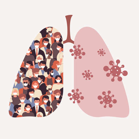 Diversity crowd of tiny people in medical masks and coronavirus germs inside big lungs. City air pollution problem of Earth, danger of respiratory disease flat vector illustration. Awareness conceptのイラスト素材