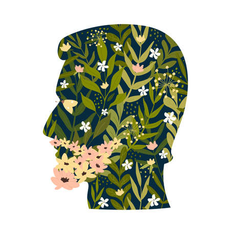 Pink and white wild flowers on beard, butterfly and leaves inside mans head. Cartoon silhouette of persons profile full of plants flat vector illustration. Counselling, psychologists therapy conceptのイラスト素材