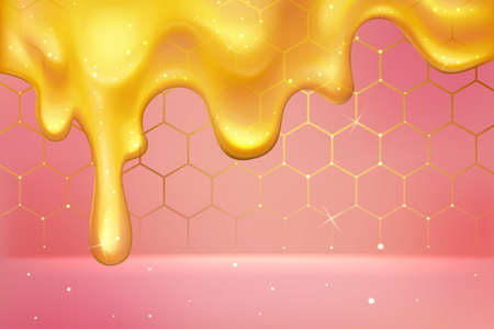 Pink abstract advertising background for fashion presentation of product vector illustration. 3d honey liquid with dots flowing on hexagon honeycomb from golden line frames with tile mosaic structureのイラスト素材