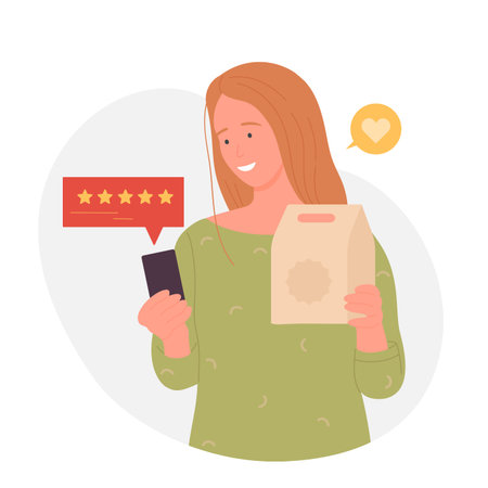 Happy female client giving positive feedback. Customer review and rank satisfaction flat vector illustrationのイラスト素材