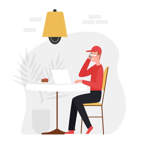 Businessman working at the cafe. Dessert break in the cafeteria, lunch time isolated illustrationのイラスト素材